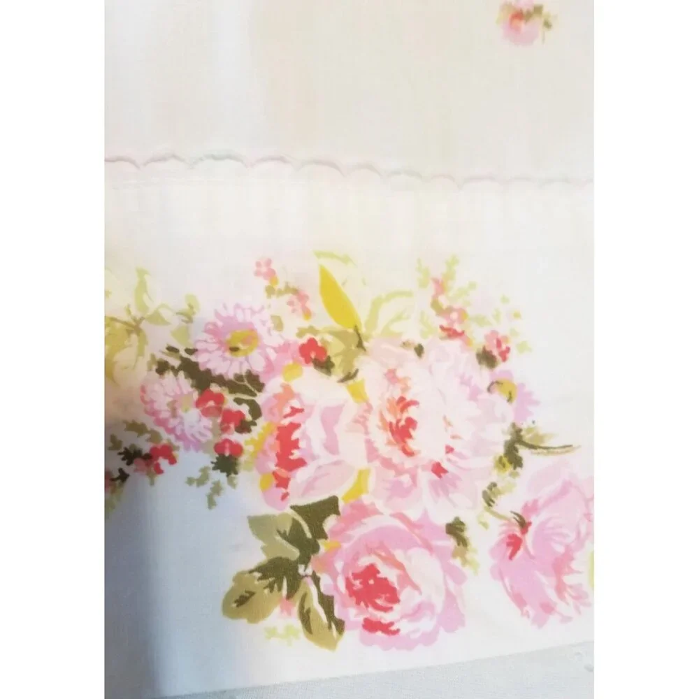 Sears Roebuck Vintage Full Flat Sheet White Pink Flowers 81x104 Perma Prest Perc